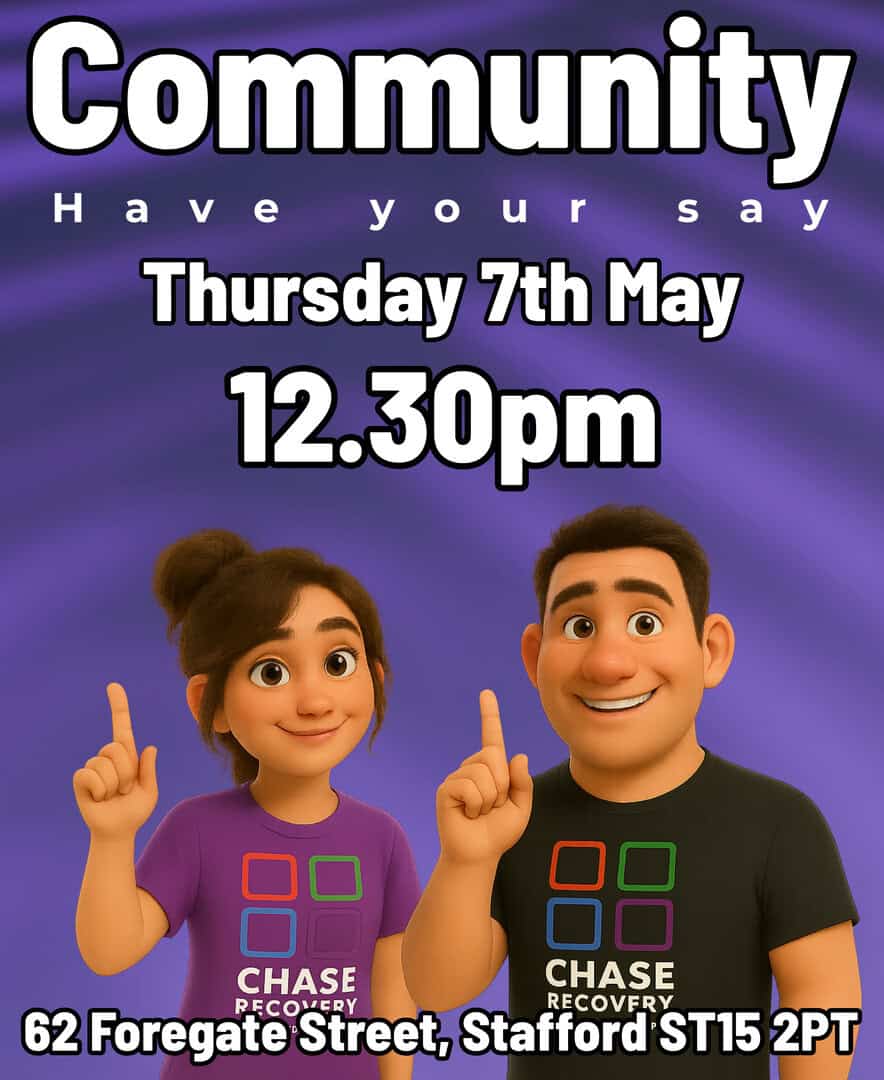 Community event poster for Chase Recovery, Stafford, 7th May at 12:30pm.