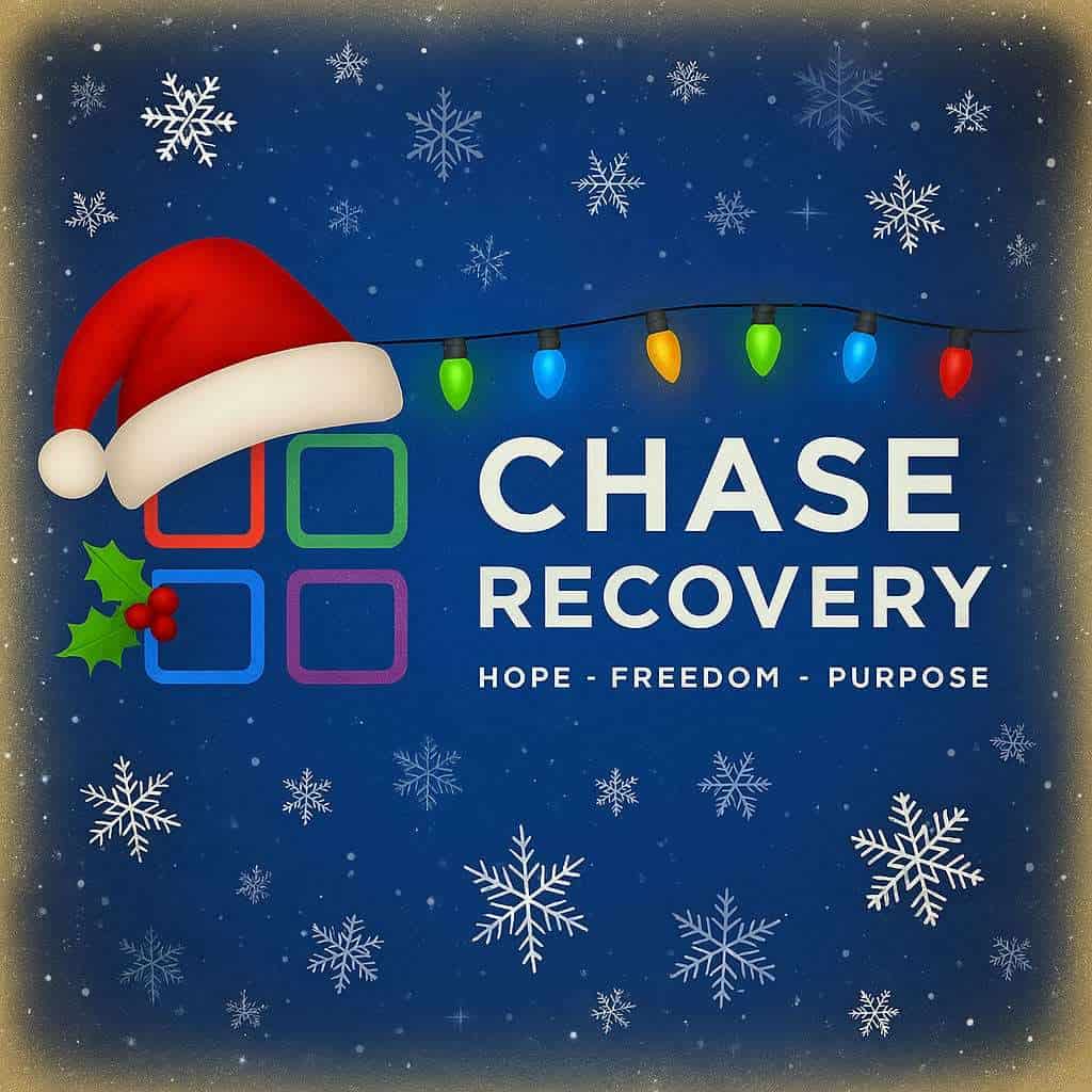Chase Recovery logo with festive Christmas hat and lights, snowflakes, and holly.