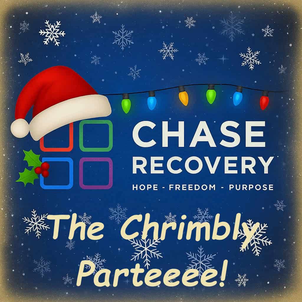 Festive Christmas party image with Santa hat, holiday lights, and snowflakes for CHASE Recovery even.