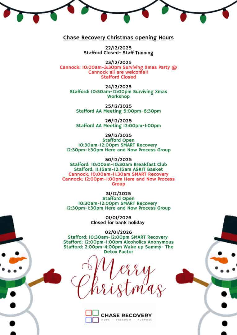 Chase Recovery festive season opening times and holiday schedule.