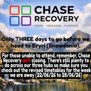 CHASE Recovery logo with Snowdonia mountains and lake background.