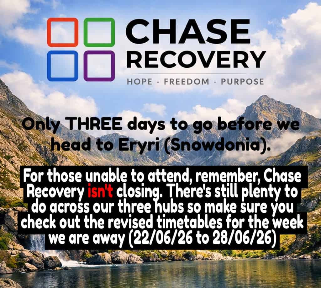 CHASE Recovery logo with Snowdonia mountains and lake background.