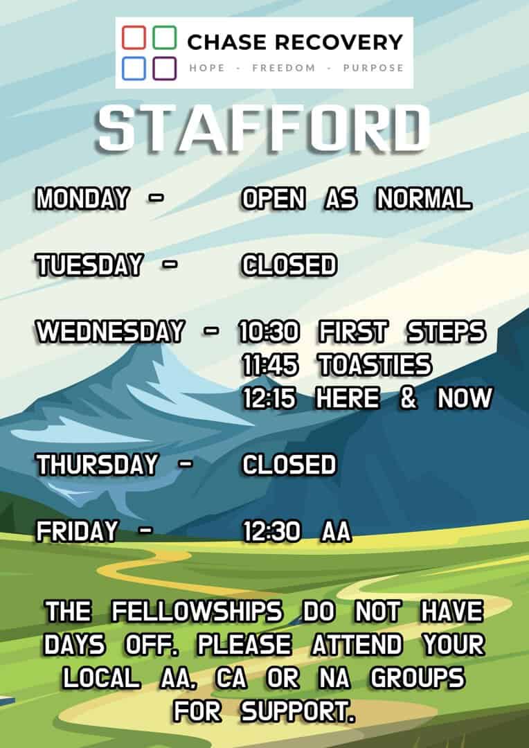 Stafford recovery centre opening hours and support group info.