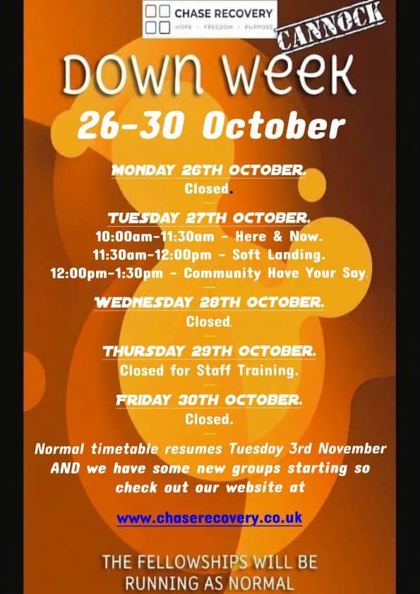 CHASE Recovery Down Week timetable changes poster with dates 26-30 October.