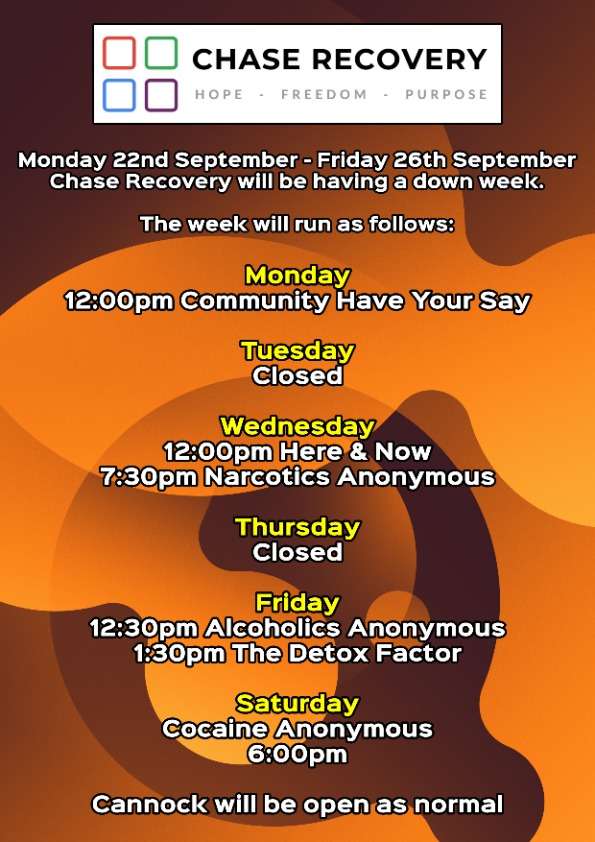 Chase Recovery weekly schedule during down week with closure days and activities.
