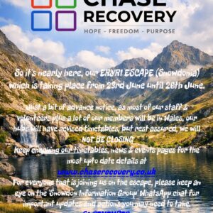 CHASE Recovery logo over Snowdonia landscape with mountains and river.