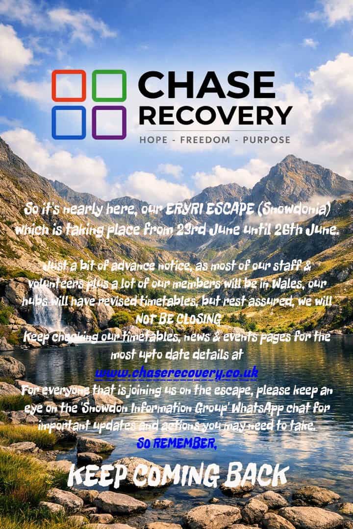 CHASE Recovery logo over Snowdonia landscape with mountains and river.
