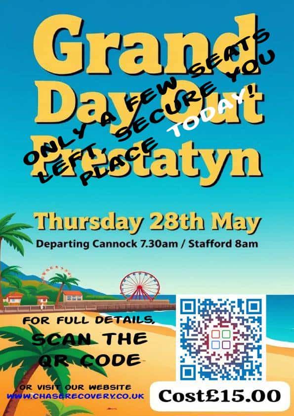 Community event poster for Grand Day Out on 28th May, featuring ferry departures and a QR code.