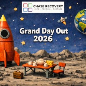 Creative scene with a rocket, tea set, and cheese on a lunar landscape for Chase Recovery event.