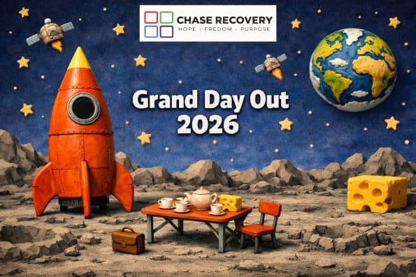 Creative scene with a rocket, tea set, and cheese on a lunar landscape for Chase Recovery event.
