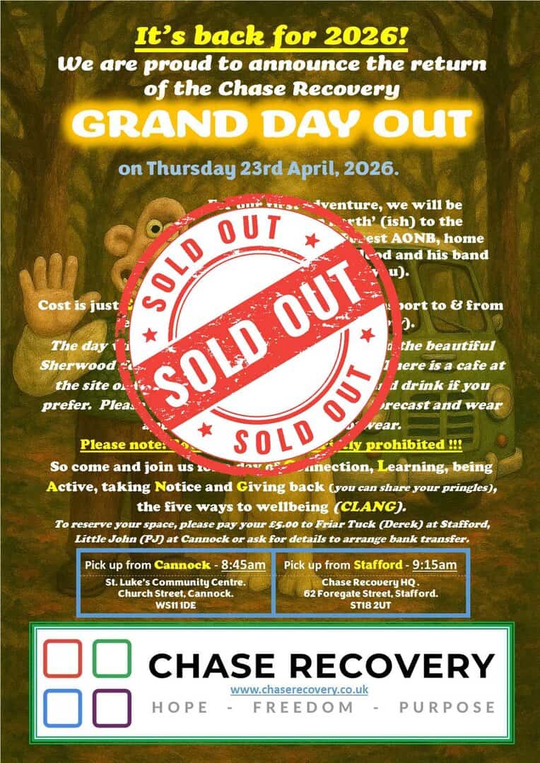 Chase Recovery event poster for Grand Day Out on April 23, 2026, with sold-out notice.
