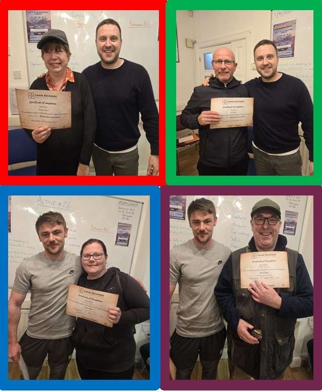 Celebrating Philippa, Lee, Leanne & Patrick's recovery milestones at Chase Recovery.