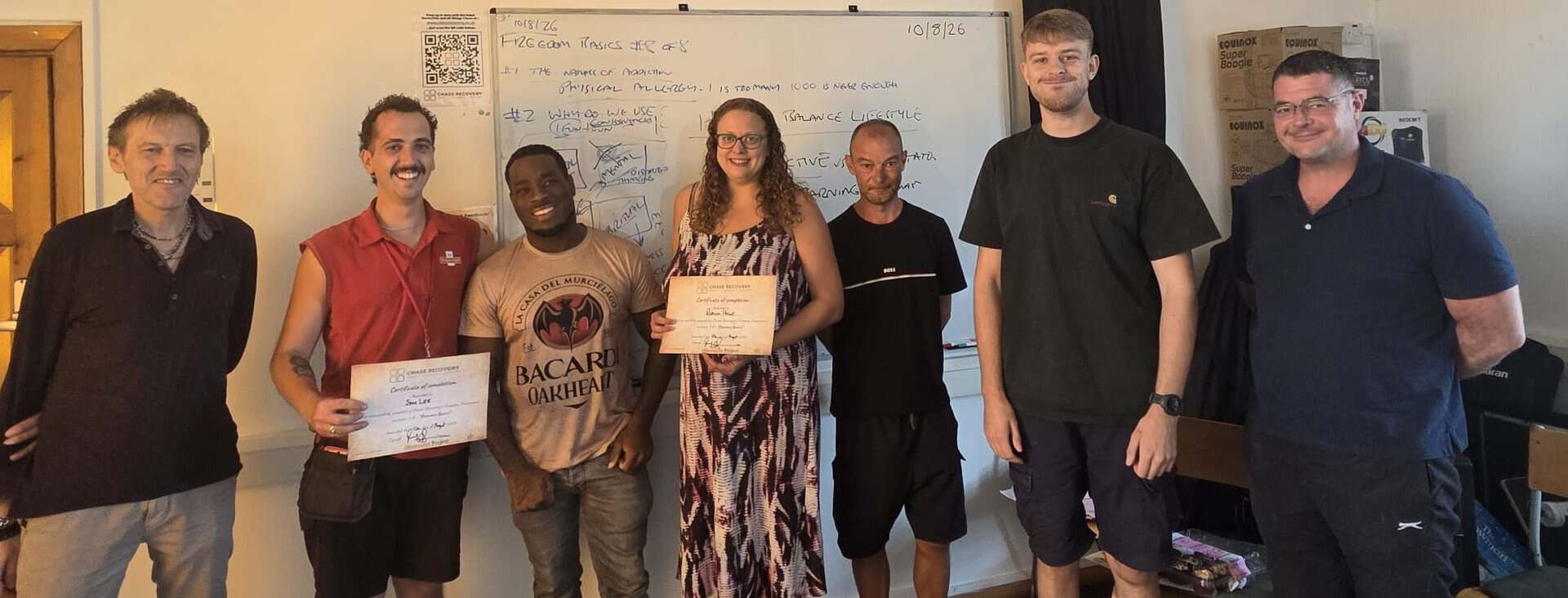 Group of diverse individuals celebrating graduation with certificates at Chase Recovery.