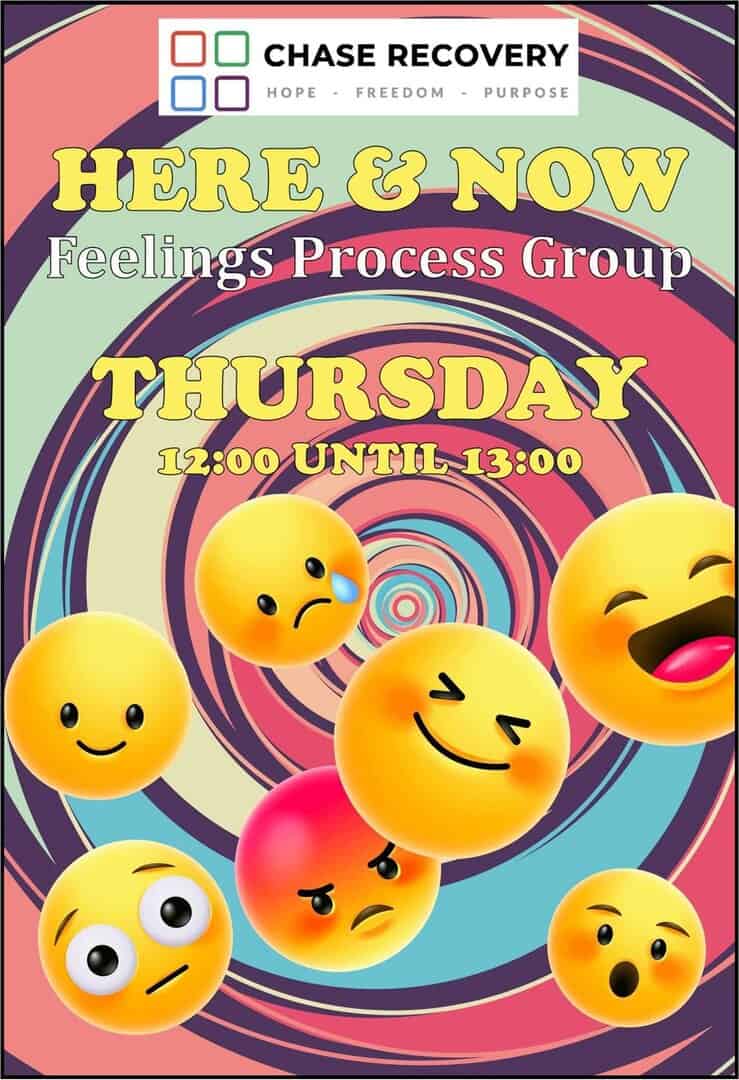 Bright poster promoting Feelings Process Group on Thursday from 12:00 to 13:00.
