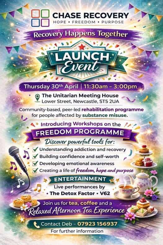 Chase Recovery launch event poster at Newcastle under Lyme, promoting addiction recovery programs.