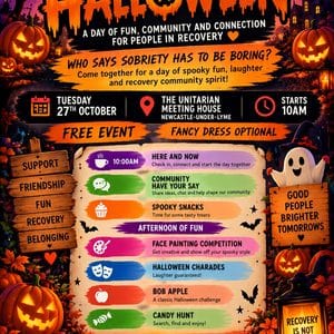 Halloween community event poster with spooky decorations and activities.