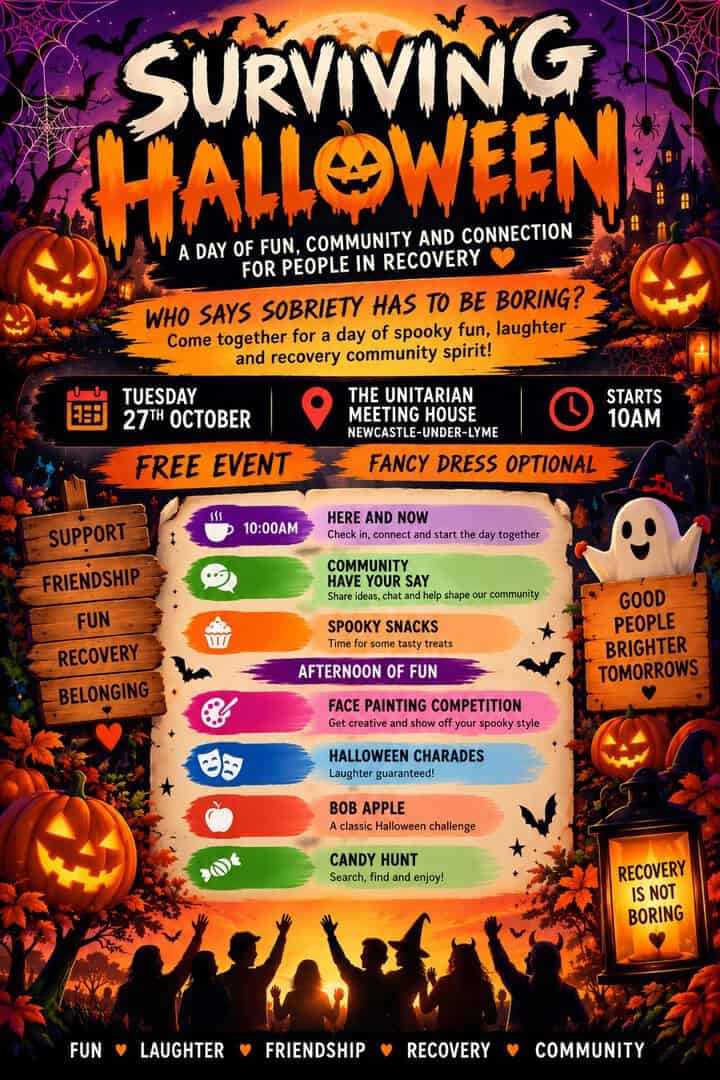 Halloween community event poster with spooky decorations and activities.