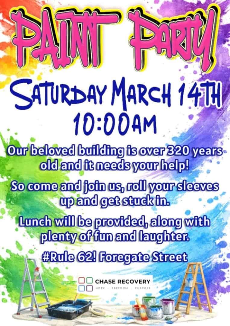 Chase Recovery painting party flyer with event details and colourful background.
