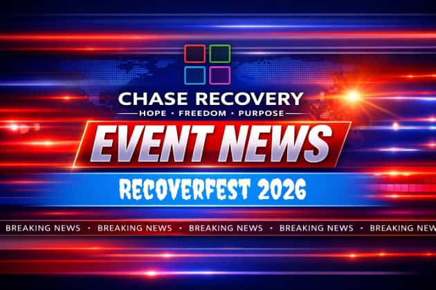 CHASE Recovery event news banner for Recoverfest 2026 with dynamic light streaks.