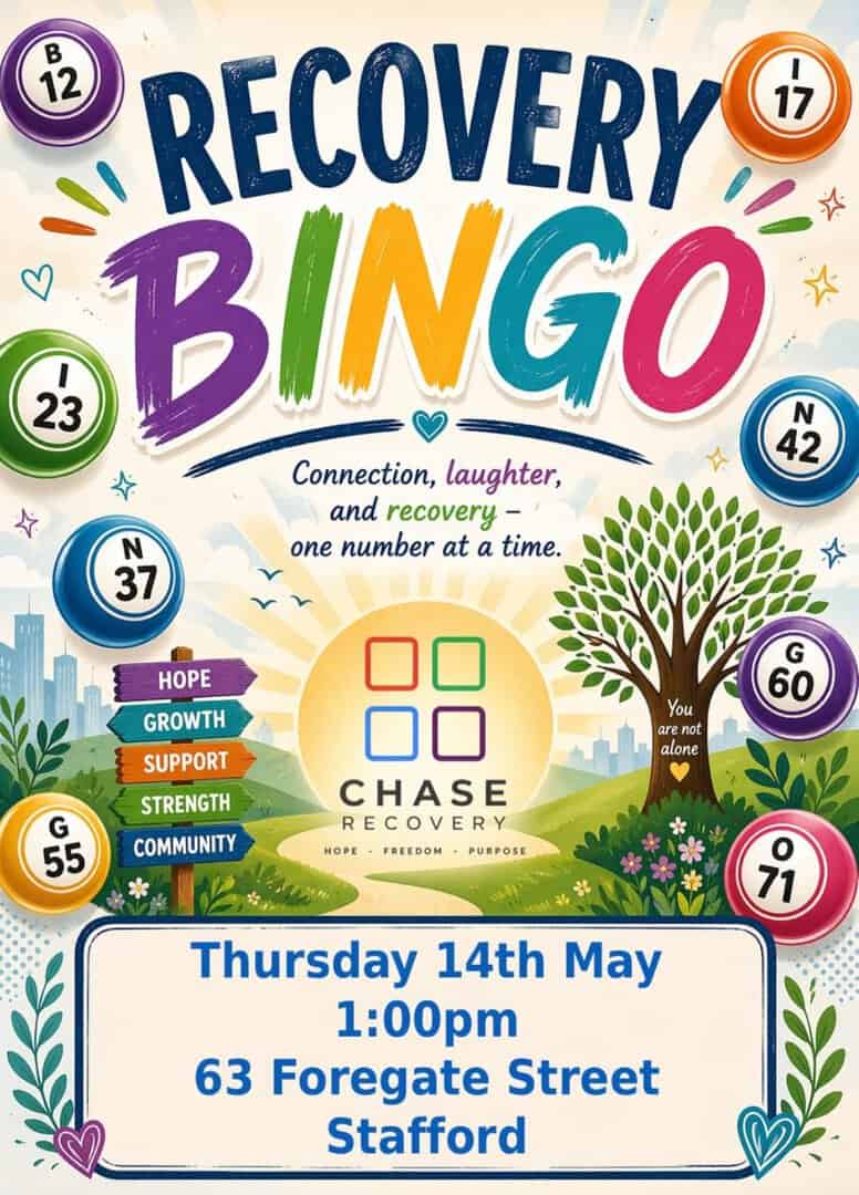 Recovery Bingo game promoting connection, laughter, and support for addiction recovery.