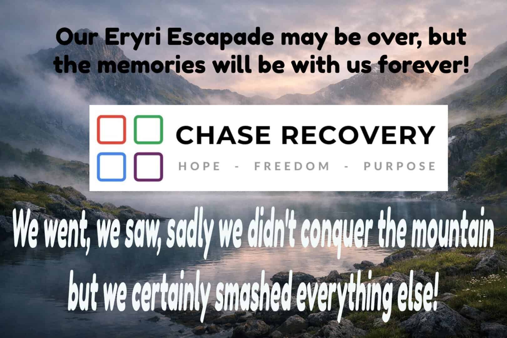 Scenic view of mountains and lake in Eryri with recovery message.