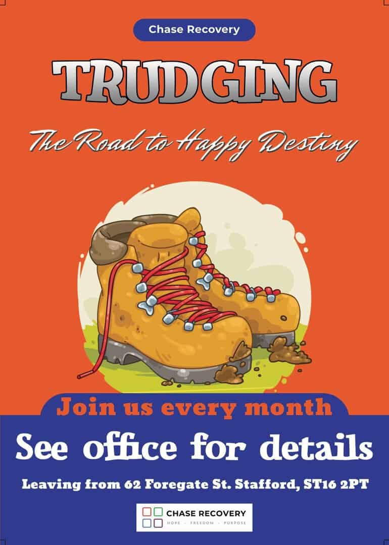 Illustration of worn hiking boots symbolising a journey to happiness and recovery.
