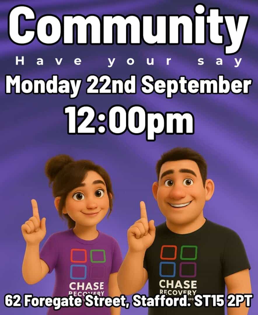 Community event poster with two animated characters promoting a local discussion.