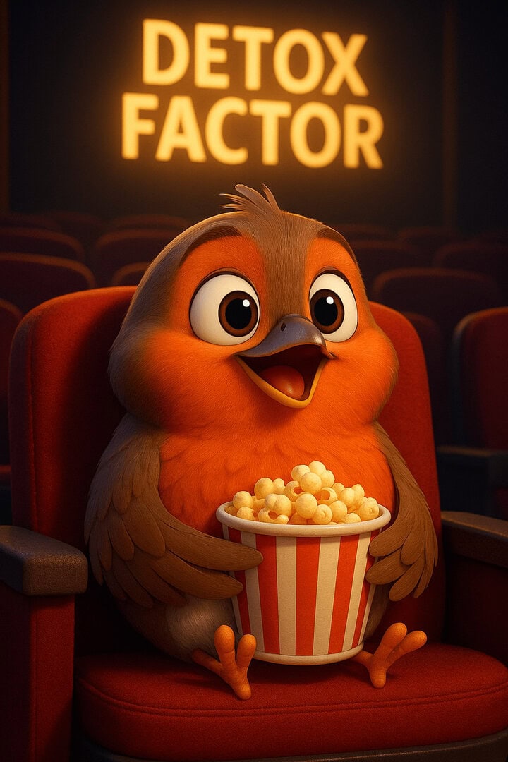 Animated bird character enjoying popcorn at a movie theatre with "Detox Factor" sign in background.