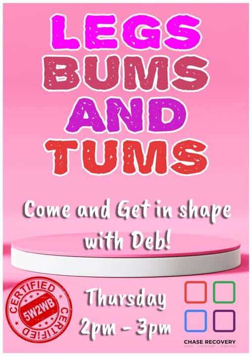 Legs, bums, and tums fitness class poster with schedule details.